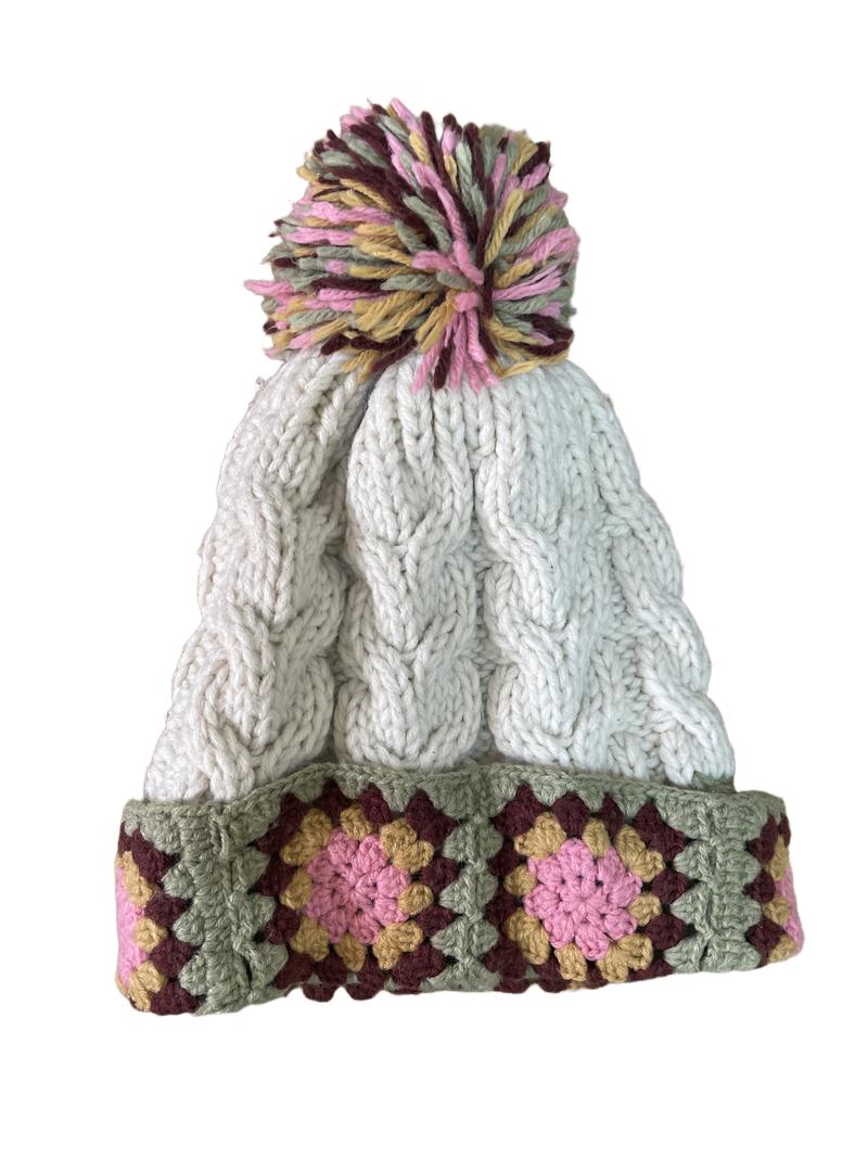 Preloved Next - Cream Pink Green Brown Knit Pom Pom Beanie (3-4y)