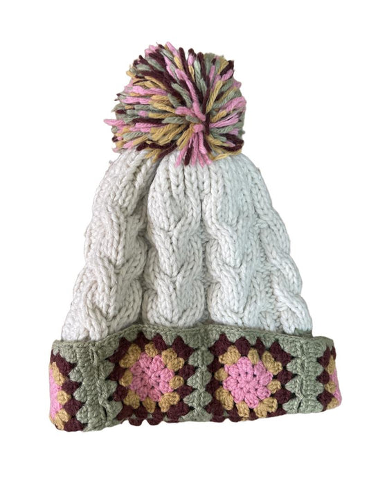 Preloved Next - Cream Pink Green Brown Knit Pom Pom Beanie (3-4y)