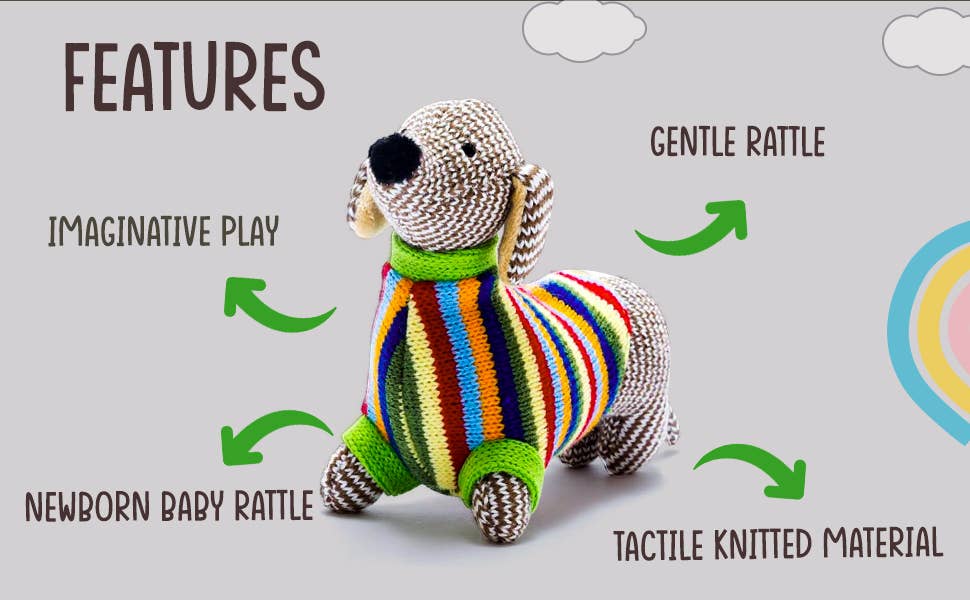 Sausage Dog Baby Rattle with Rainbow Stripe Jumper Knitted