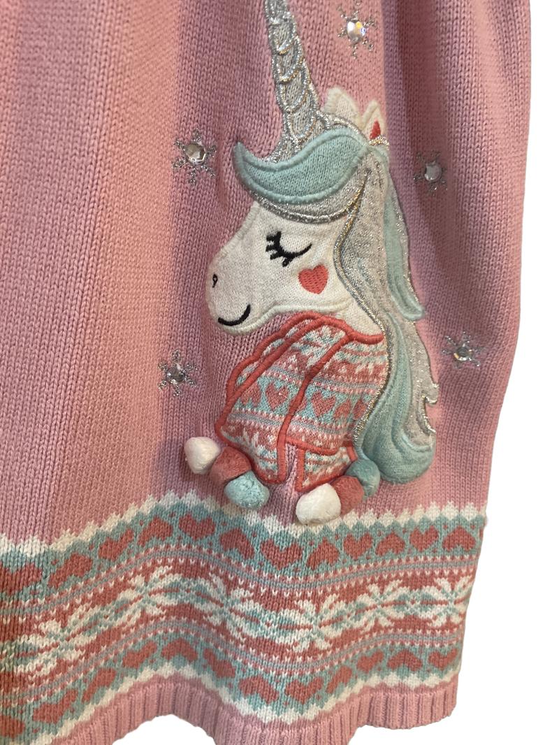 Preloved Cynthia Rowley - Pink Rib Knit Unicorn Sparkle Applique Dress, Tights, Scarf Set (7-8y)