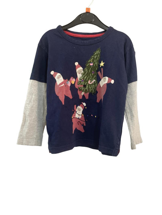 Preloved John Lewis - Navy Christmas Tree Santas Mock Sleeve Top (4-5y)