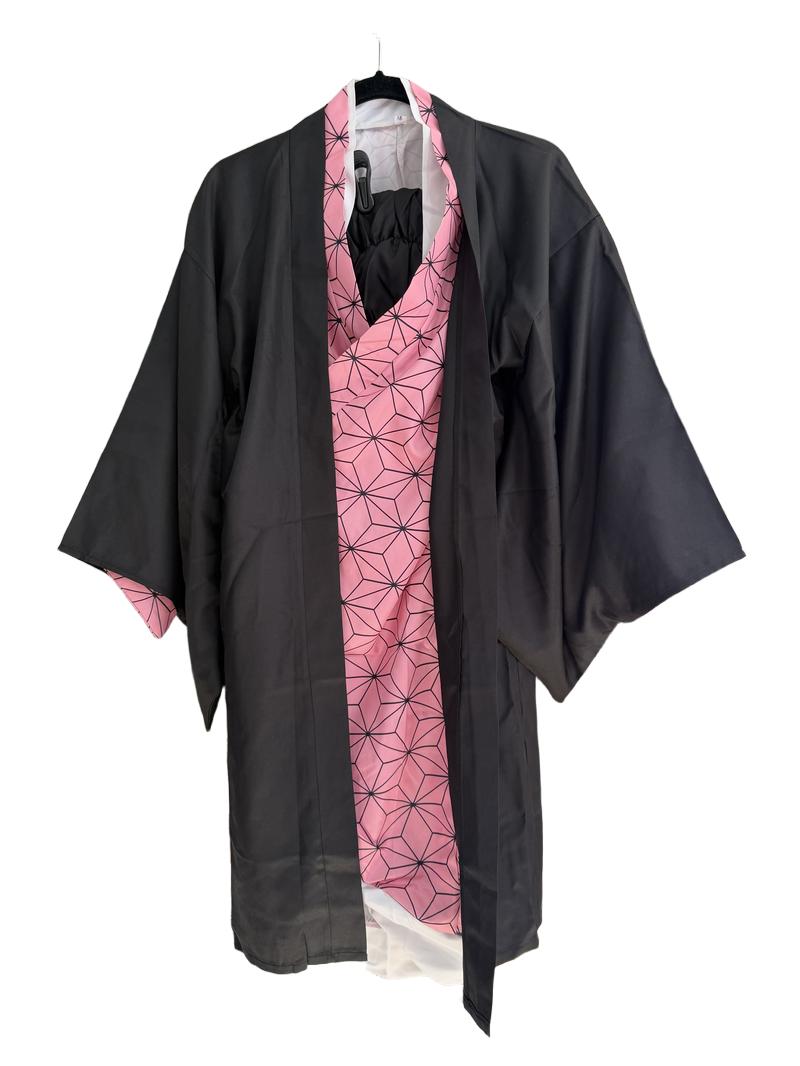 Preloved Unknown Brand - Demon Slayer Kamado Nezuko Costume (pink And Black Kimono, Belt, Tie, Shoes, Wig, And Leg Warmers), Size Small (11-12y, 12-13y, 13-14y)