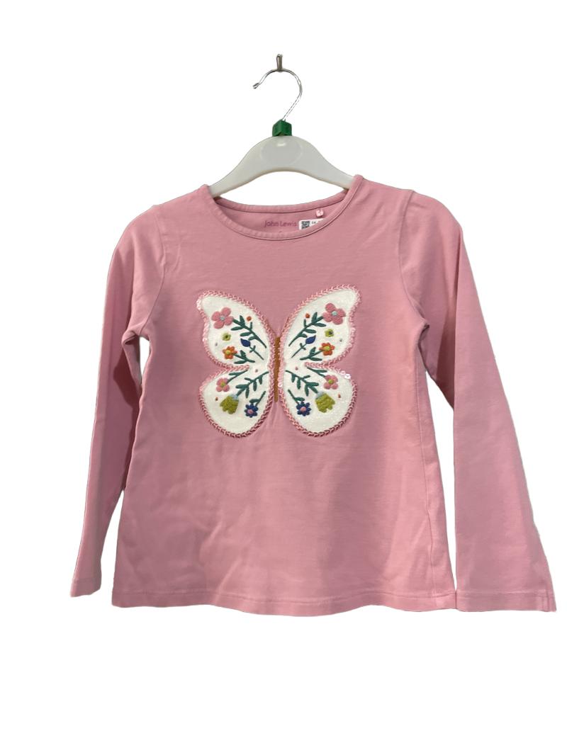 Preloved John Lewis - Top - Pink Long-sleeved Shirt With Sequin Butterfly Applique (5-6y)