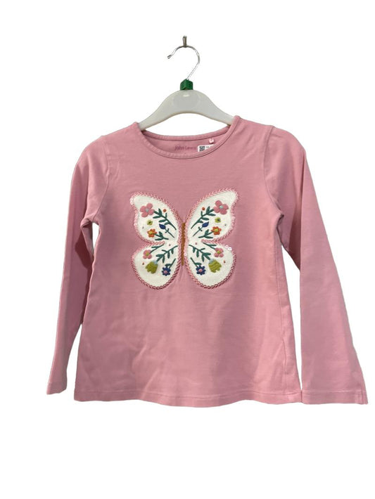 Preloved John Lewis - Top - Pink Long-sleeved Shirt With Sequin Butterfly Applique (5-6y)