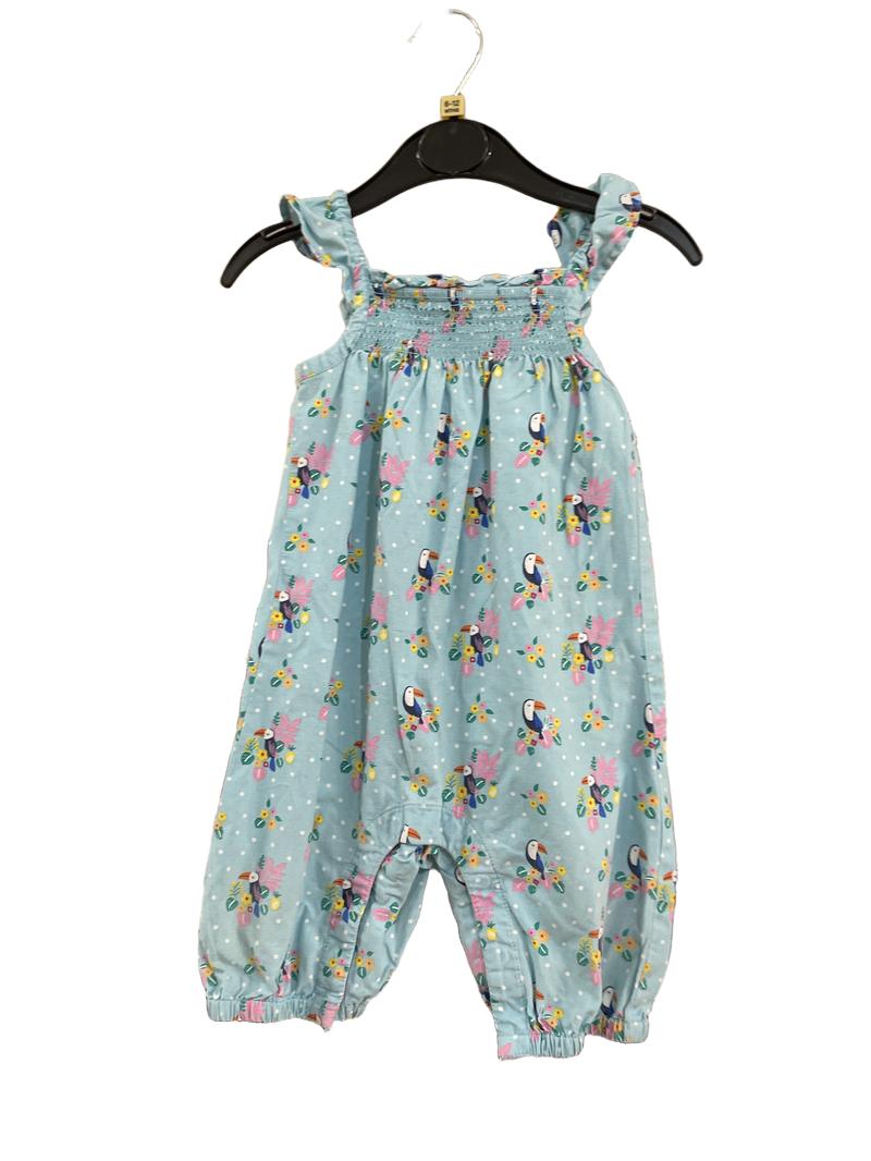 Preloved Jojo Maman Bebe - Blue Toucan Print Smocked Ruffle Dungarees (6-12m)