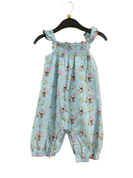 Preloved Jojo Maman Bebe - Blue Toucan Print Smocked Ruffle Dungarees (6-12m)