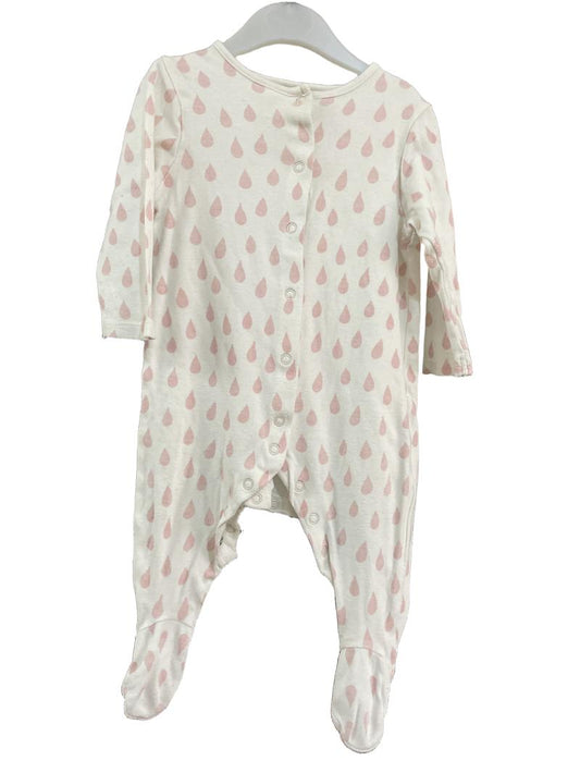Preloved John Lewis - White Pink Raindrop Long-sleeved Footed Sleeper Romper Onesie (6-9m)