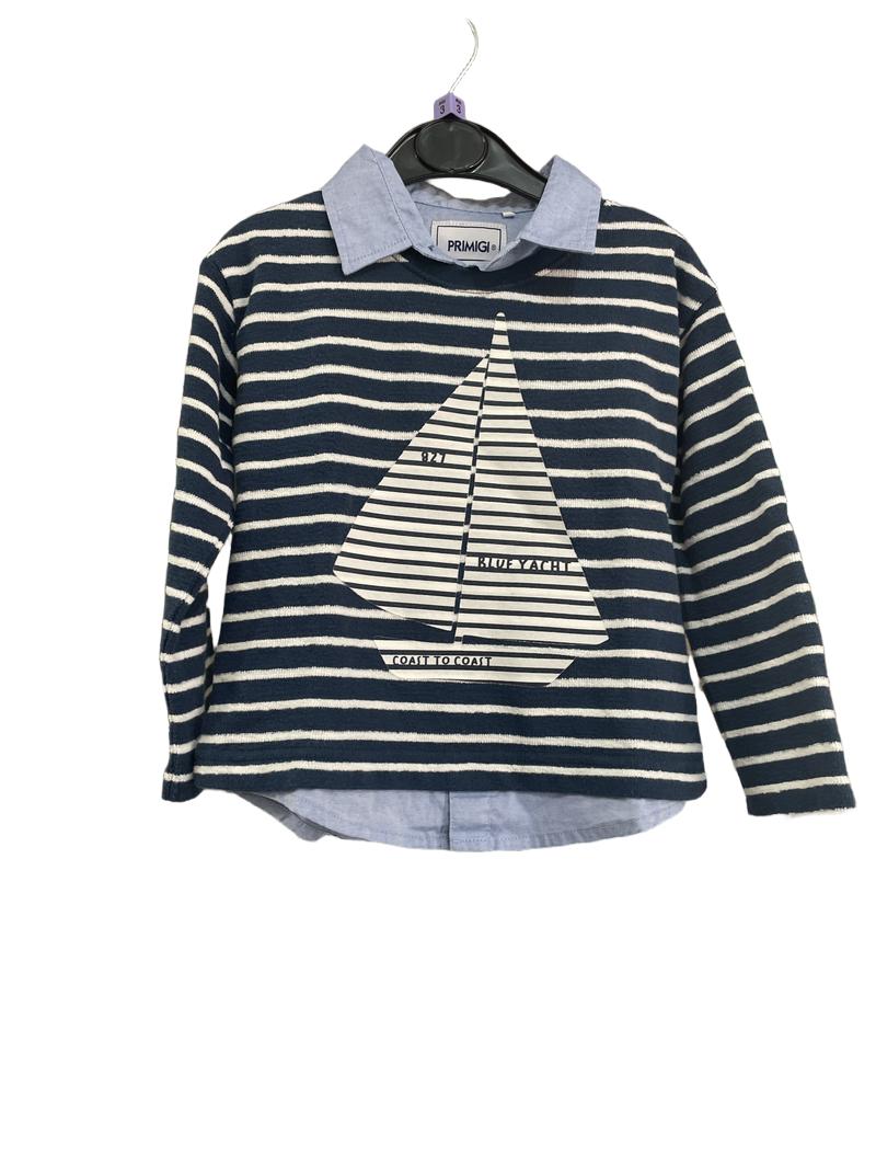 Preloved Primigi - Blue Stripe Silboat Top Built In Shirt Details. (3-4y)