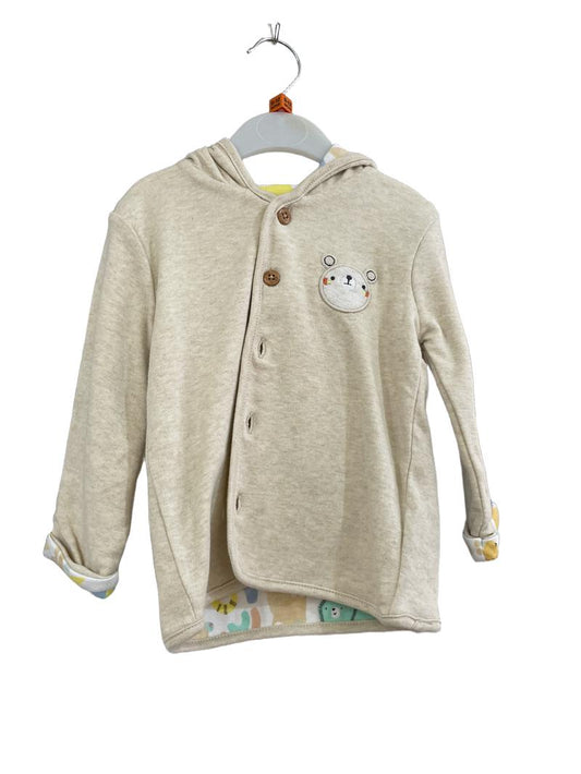 Preloved Mini Cuddles - Top - Beige Heather Button Down Hoodie With Bear Applique (9-12m)