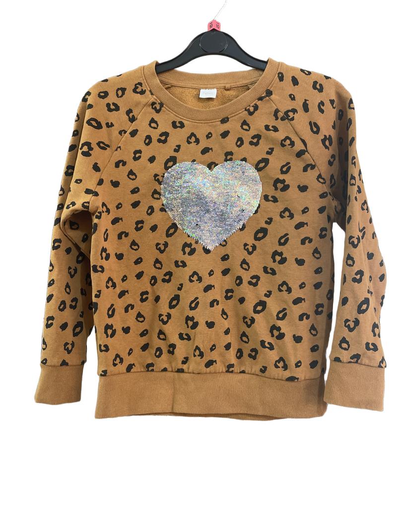 Preloved Next - Brown Leopard Jumper With Colour Change Sequin Heart. (10y, 10-11y)