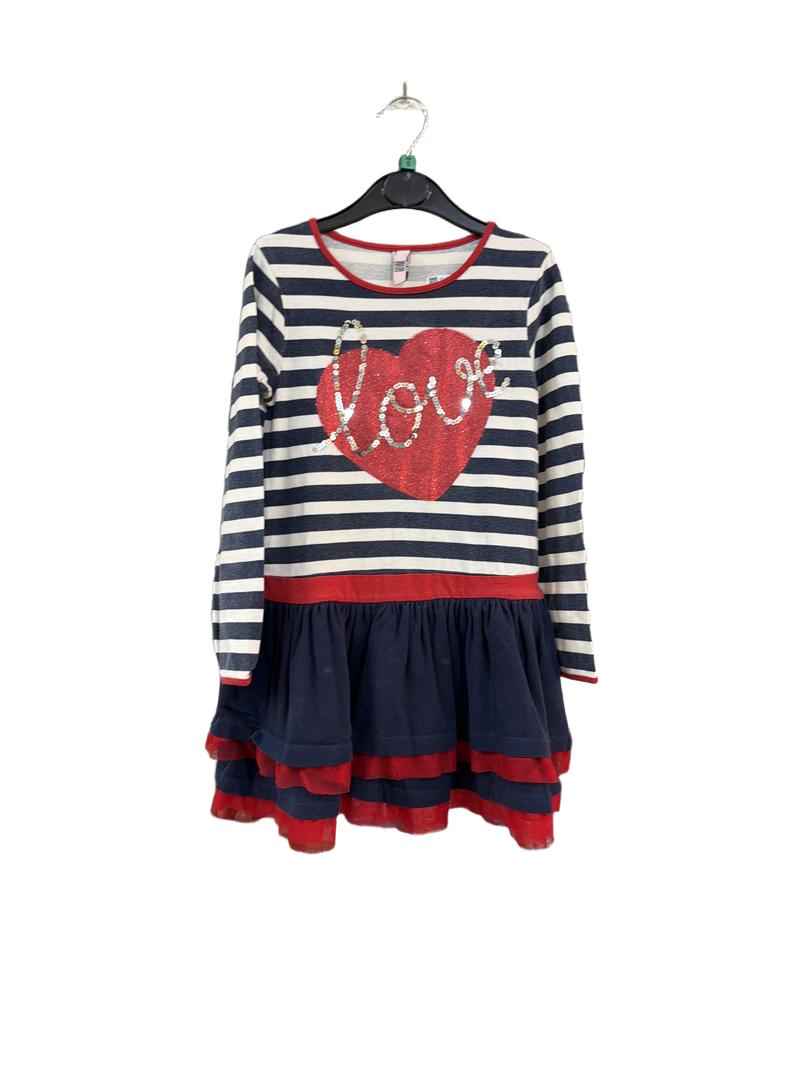 Preloved Free Style - Navy White Striped Red Love Sequin Long-sleeved Dress (5-6y)