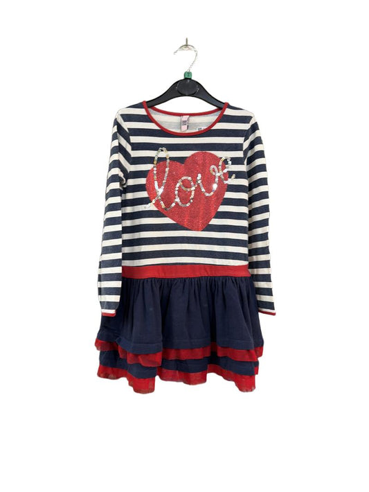 Preloved Free Style - Navy White Striped Red Love Sequin Long-sleeved Dress (5-6y)