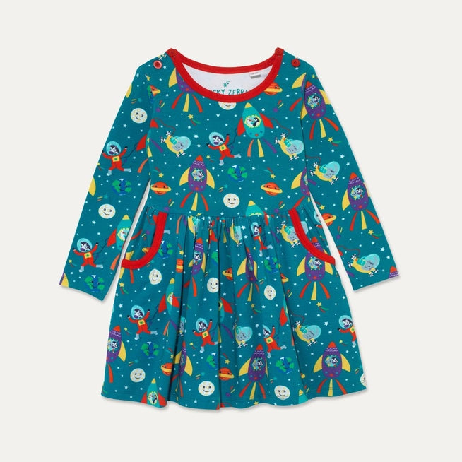 Ducky Zebra Organic Cotton Kids Skater Dress with Pockets and Space Print