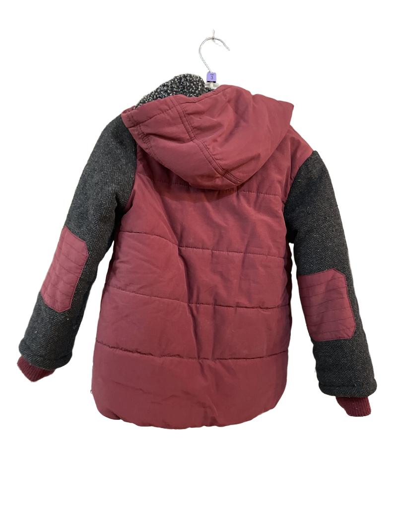 Preloved Marks & Spencer - Burgundy And Gray Herringbone Coat With Fleece-lined Hood (3-4y)