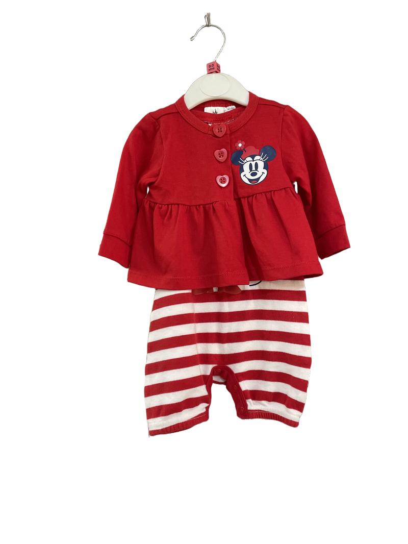 Preloved Disney - Red Striped Onesie With Red Minnie Mouse Long-sleeved Top (0-3m)