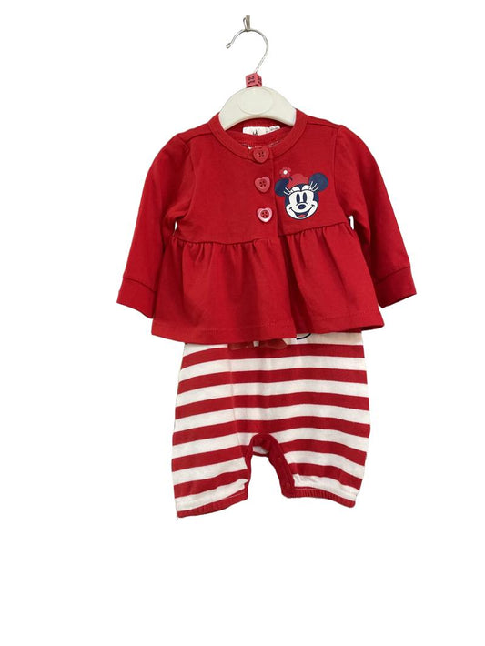 Preloved Disney - Red Striped Onesie With Red Minnie Mouse Long-sleeved Top (0-3m)