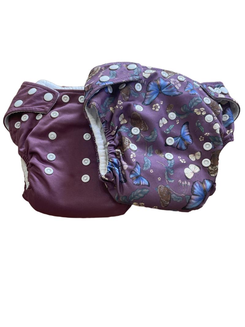 Preloved Little Lamb - 2x Reusable Nappies Butterflies And Dark Purple.