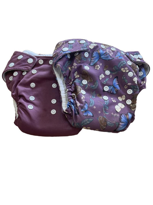 Preloved Little Lamb - 2x Reusable Nappies Butterflies And Dark Purple.