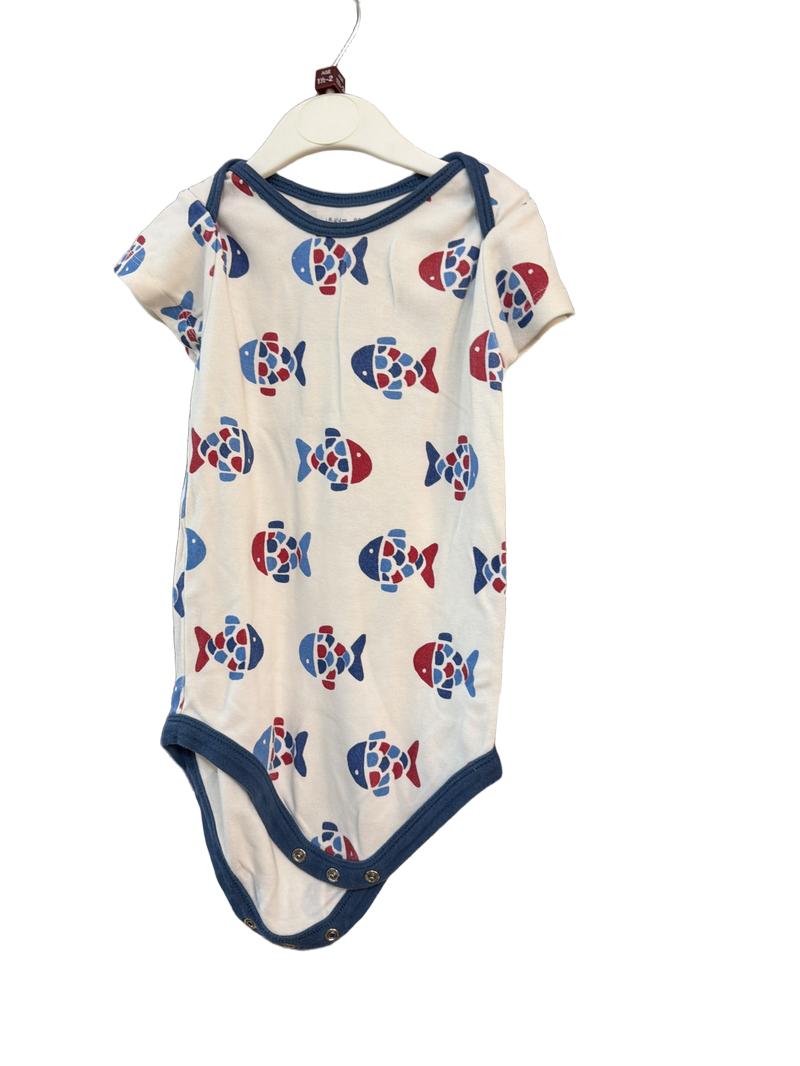 Preloved Kite - White Red Blue Fish Print Short-sleeved Bodysuit (18-24m)