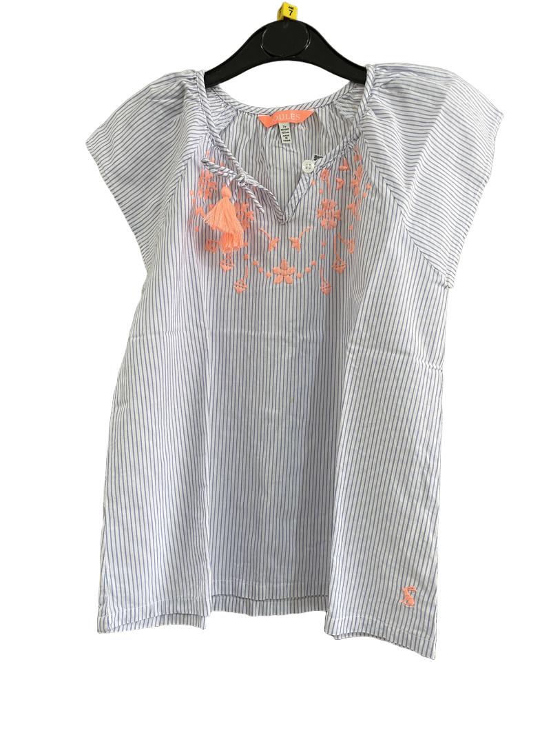 Preloved Joules - Blue White Stripe With Neon Embroidery Flutter Sleeve Top (7-8y)