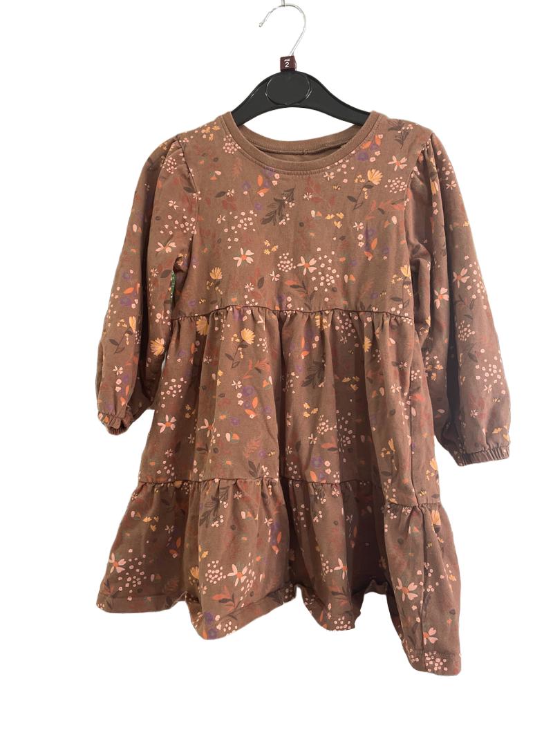 Preloved Next - Brown Floral Long Sleeve Dress.  (2-3y)