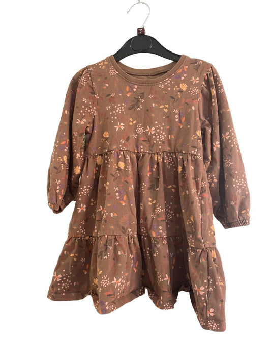 Preloved Next - Brown Floral Long Sleeve Dress.  (2-3y)
