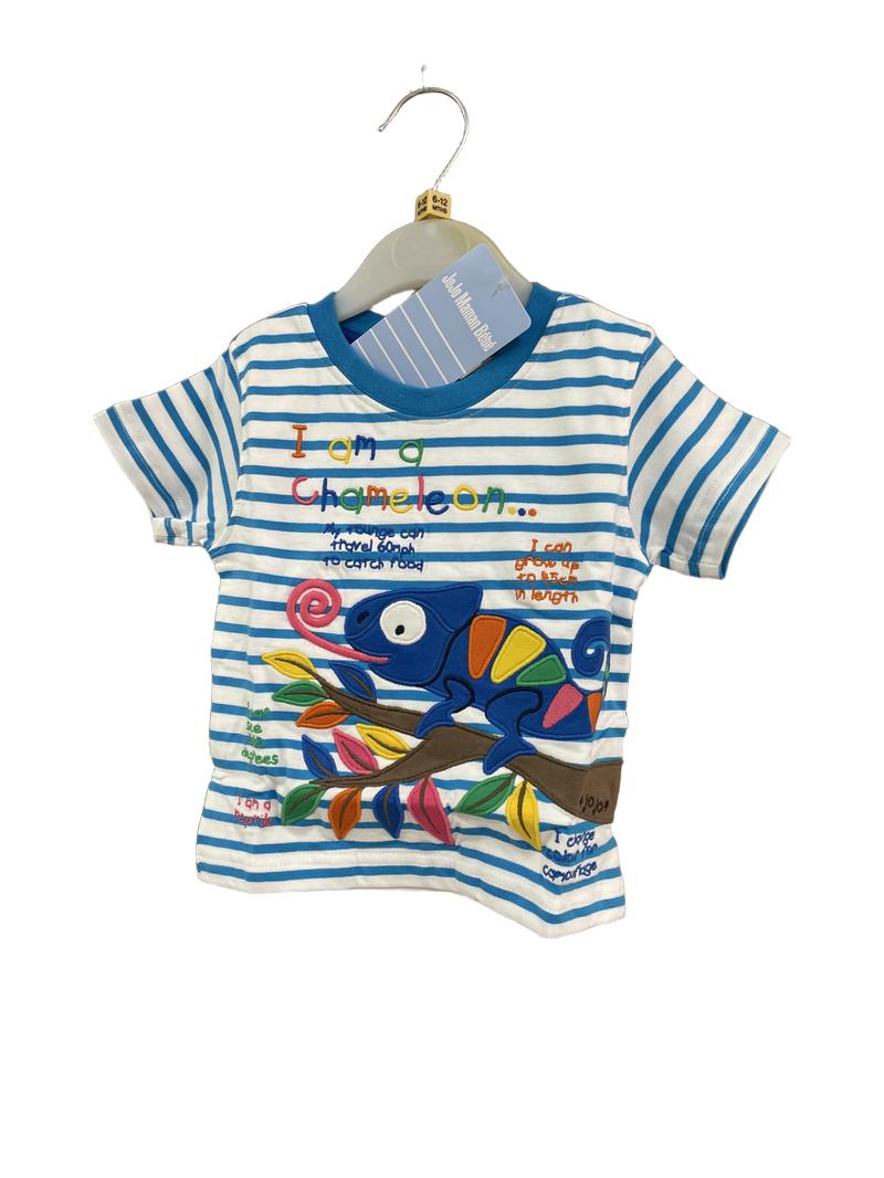 Preloved Jojo Maman Bebe - Blue Stripe Chameleon Embroidered T Shirt, NEW With Tags (6-12m)