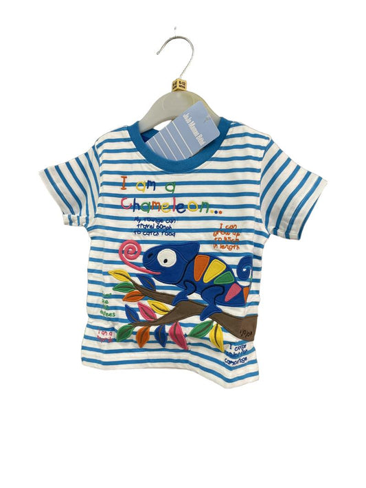 Preloved Jojo Maman Bebe - Blue Stripe Chameleon Embroidered T Shirt, NEW With Tags (6-12m)