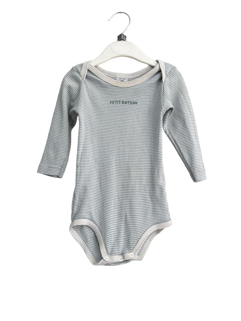Preloved Petit Bateau - Green White Stripe Long-sleeved Bodysuit (12-18m)
