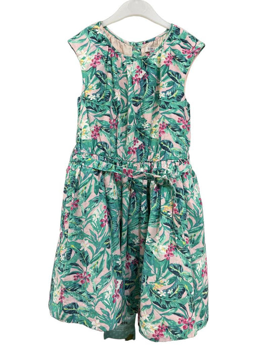 Preloved Indigo Collection - Dress - Green Pink Jungle Pattern Sleeveless Linen Dress (5-6y)