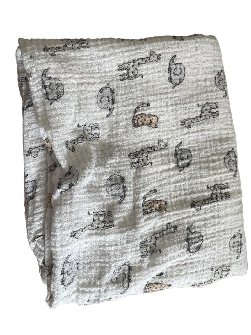 Preloved Rene Rofe - White Large Swaddle Muslin Cloth, Safari Animals