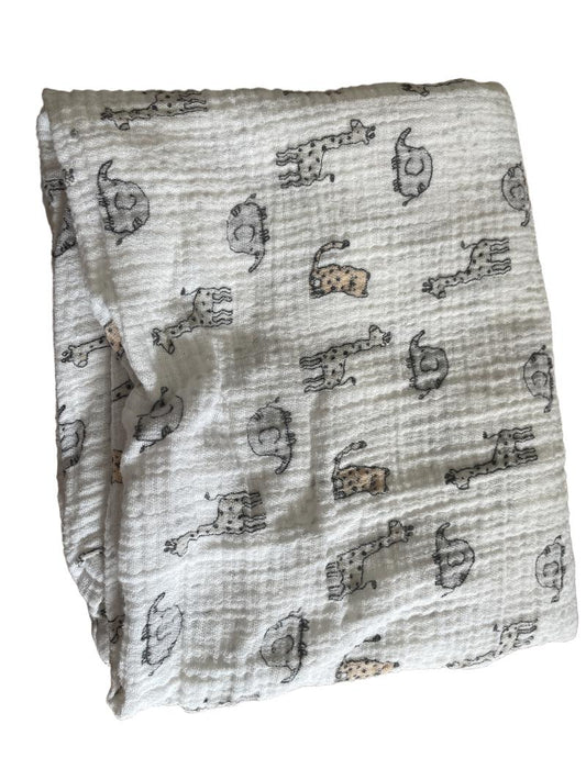 Preloved Rene Rofe - White Large Swaddle Muslin Cloth, Safari Animals
