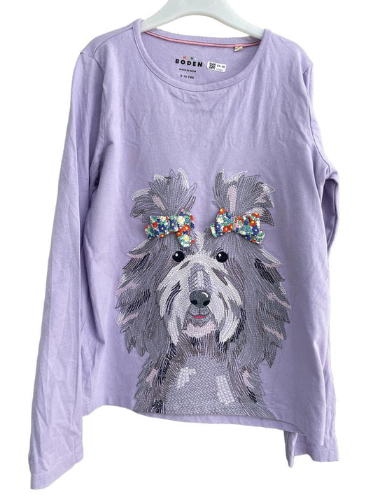 Preloved Mini Boden - Purple Dog With Bows Embroidery Long-sleeved T Shirt, New Without Tags (9-10y)
