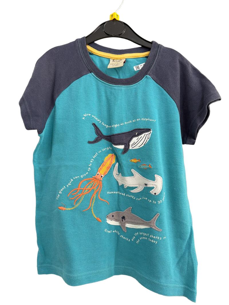 Preloved Frugi - Blue Turquoise Ocean Animal Applique T Shirt (7-8y)