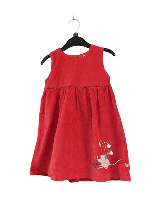 Preloved Frugi - Red Corduroy Mouse Applique Sleeveless Dress (2-3y)