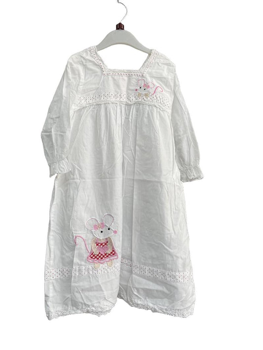 Preloved Powell Craft England - White Cotton Dress With Mouse Embroidery (2-3y) - Dress