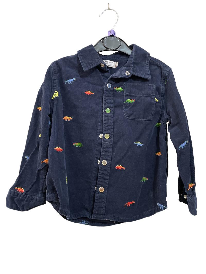 Preloved Cath Kidston - Top - Navy Corduroy Dinosaur Embroidered Long-sleeved Button Down Collar Shirt (3-4y)