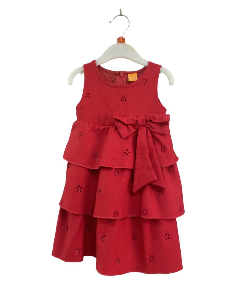 Preloved Mini Mode - Red Wool Blend Tiered Dress With Bow (9-12m)