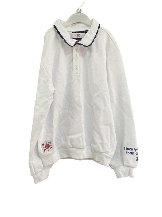 Preloved Beverly Hills Polo Club - White Shirt With Navy Scalloped Collar And I Love You More Than Anything Embroidered Sleeve Detail. (9-10y)