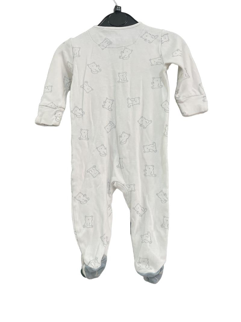 Preloved Next - White Zip Up Teddy Sleepsuit, Blue Foot Bottom. (3-6m)
