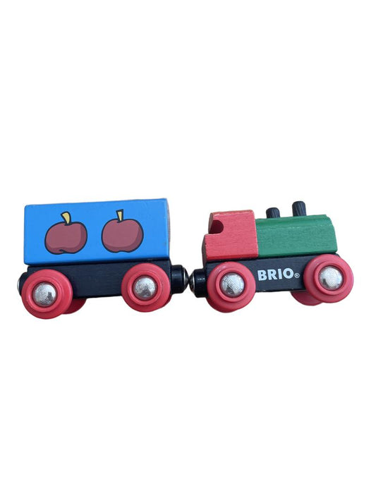 Preloved Toys - Green And Red Wooden Train With Blue Apple Carriage. - Brio World