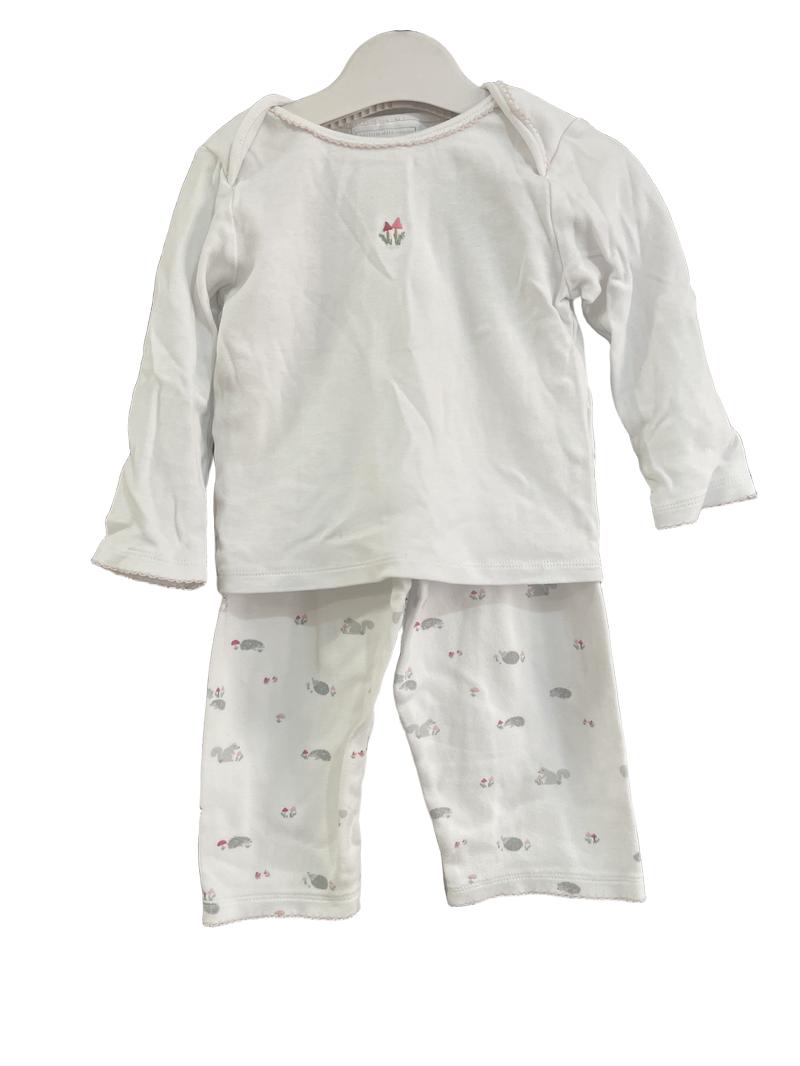 Preloved The Little White Company - White Pyjamas With Hedgehog And Squirrel Print Trousers, Little Mushroom Embroidered Top. (18-24m)