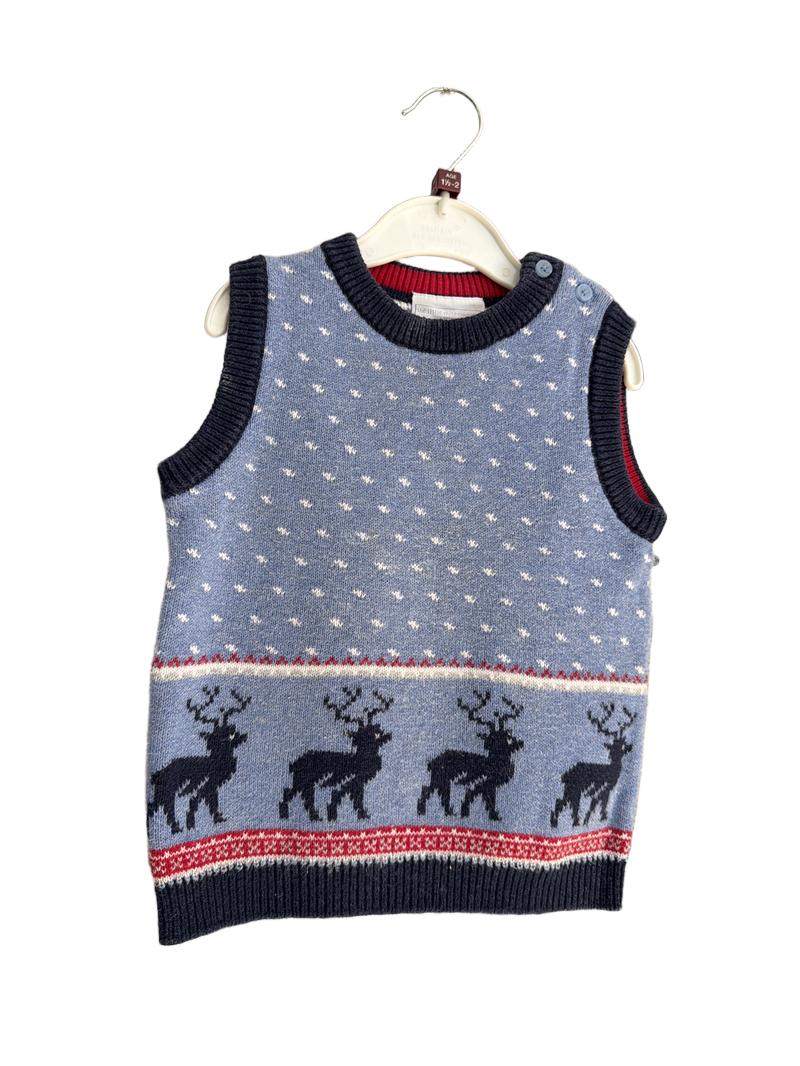 Preloved The Little White Company - Blue Knit Reindeer Christmas Sleeveless Jumper (18-24m)