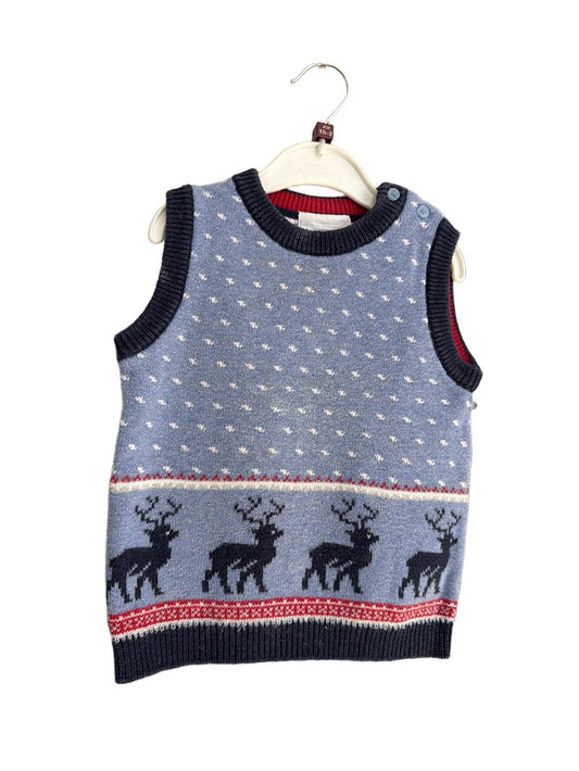 Preloved The Little White Company - Blue Knit Reindeer Christmas Sleeveless Jumper (18-24m)