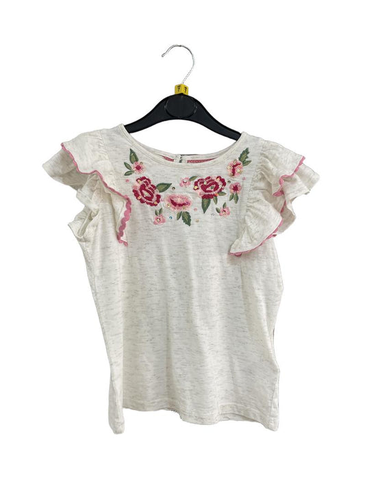 Preloved Monsoon - White Sparkle Floral Embroidery Flutter Sleeve Top (7-8y)