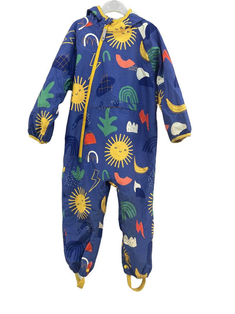 Preloved Muddy Puddles - Blue Puddlesuit With Sun, Shapes, Rainbow And Rain Print. (3-4y)