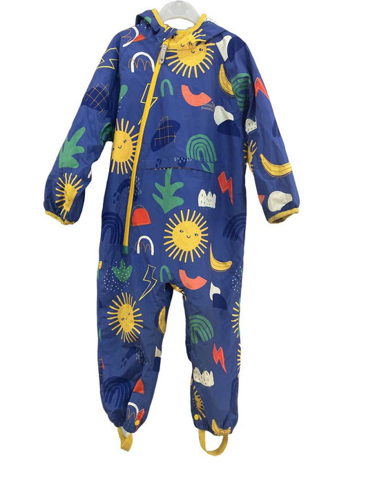 Preloved Muddy Puddles - Blue Puddlesuit With Sun, Shapes, Rainbow And Rain Print. (3-4y)