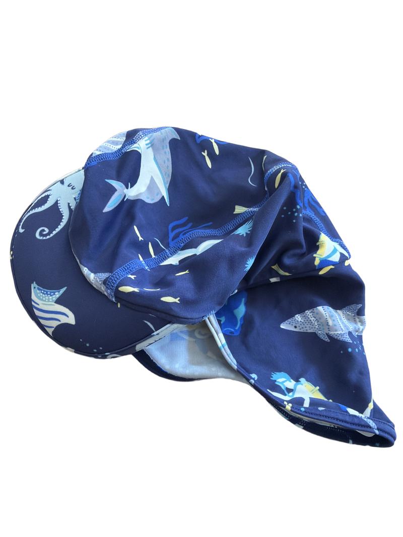 Preloved John Lewis - Navy Shark Print Swim Sun Hat S/M, 52 Cm (4-5y, 5-6y)