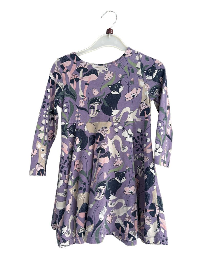 Preloved Polarn O. Pyret - Purple Long Sleeve Dress With Woodland Theme Print. (2-3y)