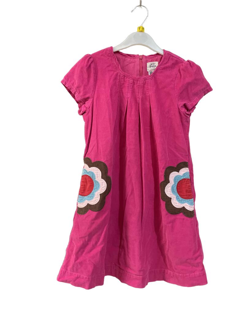 Preloved Mini Boden - Dress - Pink Short-sleeved Corduroy Dress With Flower Appliques (7-8y)